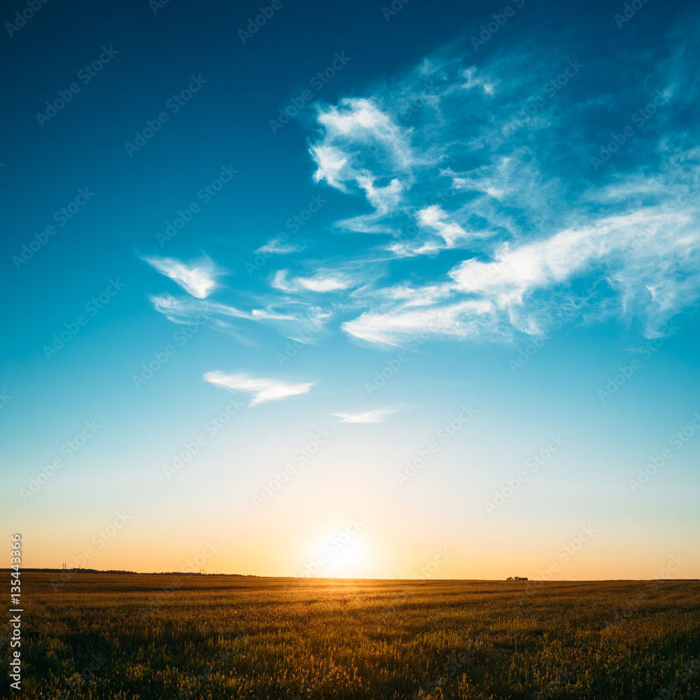 Sunset, Sunrise, Sun Over Rural Countryside Field. Bright Blue A