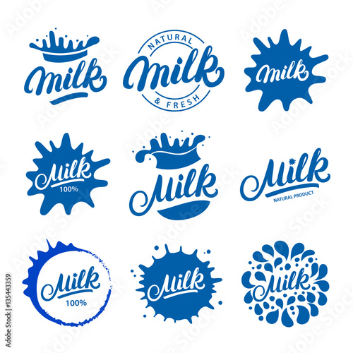 Set of hand written lettering Milk logos, labels, badges, emblems with splashes.