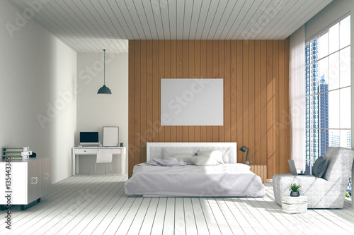 3D rendering   illustration of big spacious bedroom in soft light color.big comfortable double bed in elegant classic modern bedroom.interior design of house.modern wooden tile house