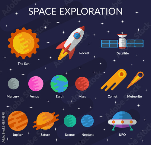 Space collection for you design. Planets, the sun, comet, meteorite, rocket, ufo, satellite Vector set in flat style