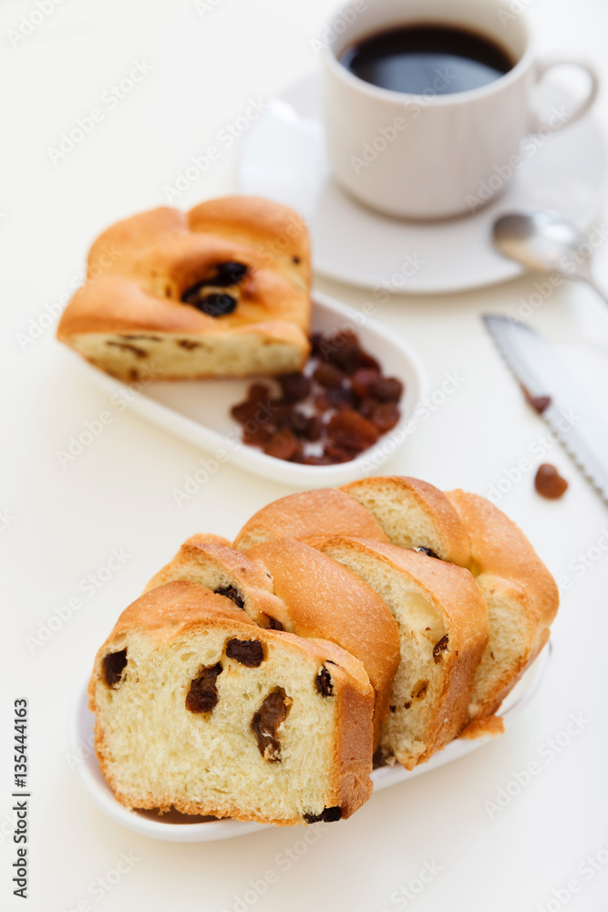 coffee and sweet bread with raisins coffee and sweet bread with raisins