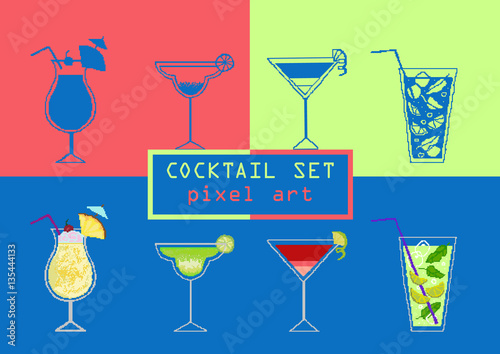 Pixel cocktail set icons with pinacolada, margarita, cosmopolita