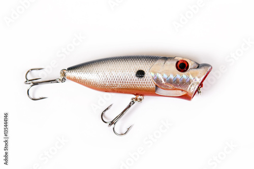 Fishing lure isolated on white. Wobbler in three color. White, yellow and red colors.