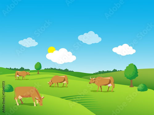 Green Meadow Growers. Green Meadow Farm. Landscape With Green Meadow And Cows. Beautiful Valley. Background For Label, Sticker, Print, Packing, Web. Green Meadow Under Blue Sky.