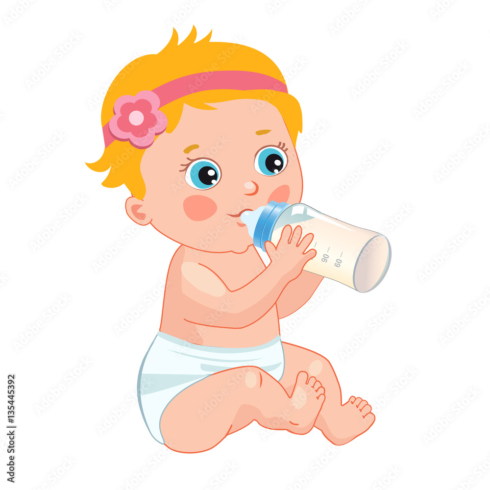 Baby Toddler. Infant Child Baby Toddler Sitting And Drinking From The Feeding  Bottle. Cute Baby Girl Drinking Bottle. Vector Isolated On A White  Background. Stock Vector