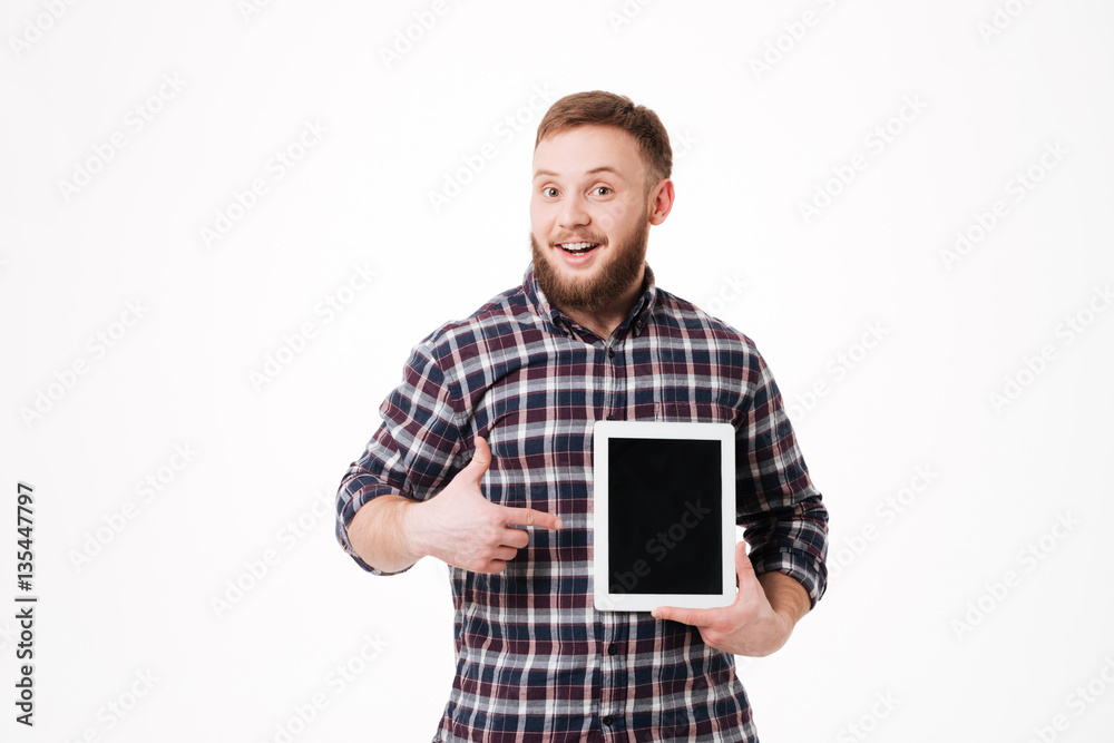 Man in shirt showing blank tablet computer screen Man in shirt showing blank tablet computer screen