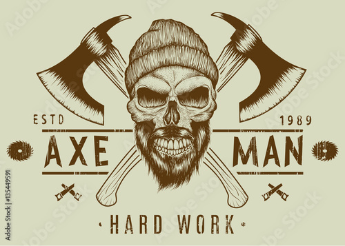 Lumberjack bearded skull in hat with two axes