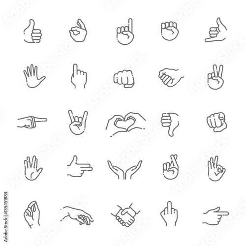 Hand gestures thin line icon set