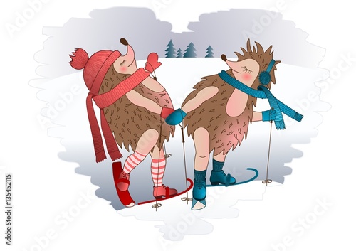 Winter card with a pair of skiing hedgehogs in love holding hands and climbing the hill wearing scarfs hats and mittens surrounded by a heart shaped border frame of window ice, a Valentine's day print