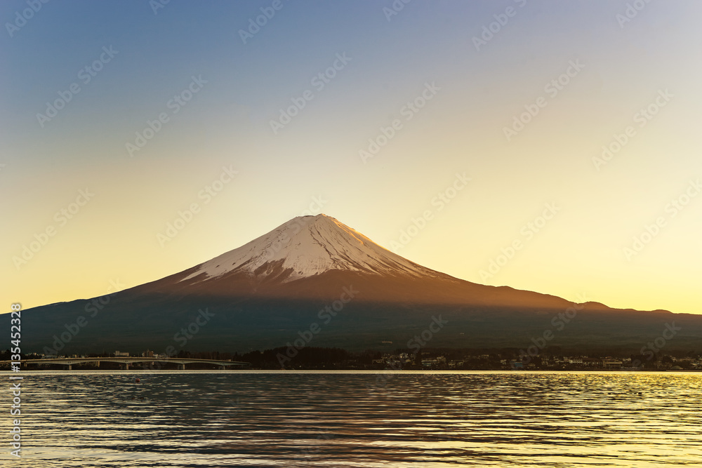 abstract sunset on kawaguchiko lake and mountain fuji - can use to display or montage on product