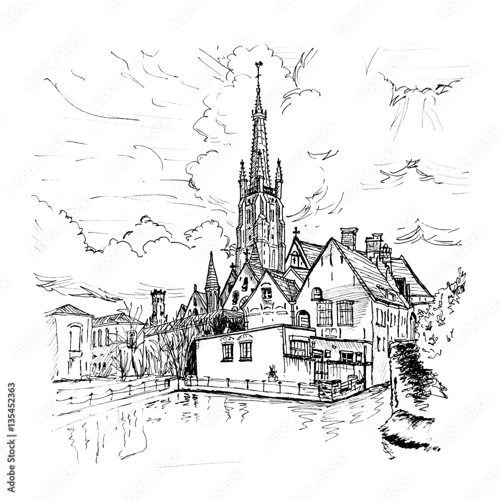 Color hand drawing, picturesque city landscape with a lake, Old St. John's Hospital and the Church of Our Lady in Bruges, Belgium. Picture made liner and markers