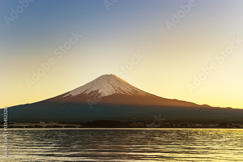 abstract sunset on kawaguchiko lake and mountain fuji - can use to display or montage on product