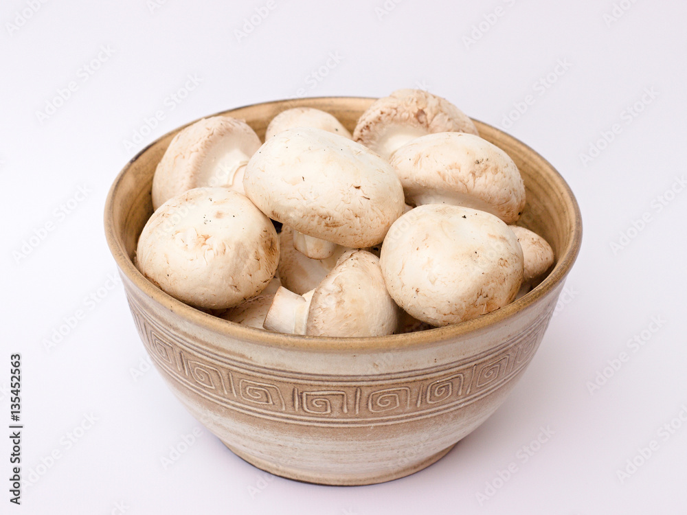 mushrooms in a bowl on a white background mushrooms in a bowl on a white background