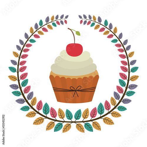 crown of leaves with cupcake with cream and cherry vector illustration