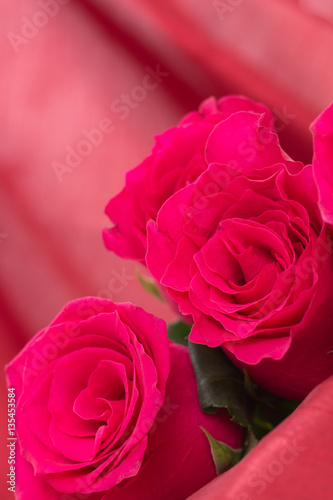 Closeup of red roses bouquet  with red fabric blurred background.