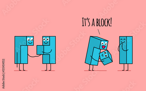 Kawaii tetris blocks family. Male block holding its pregnant wife's hand on the first picture. On the second it holding newborn baby block and feels happy.
