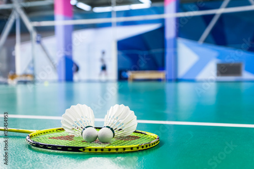 Badminton court with professional racket and feather balls closeup, with players and net in the background