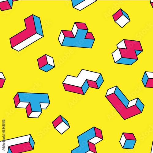 White, blue, red tetris 3d blocks seamless pattern on yellow background. Vintage 80s style design. Clipping mask used. photo