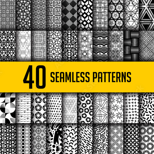 Set of 40 black and white seamless abstract patterns. Super big collections of modern geometric monochrome background for textile print, fashion, paper, texture, fabric, tile, web. Vector illustration