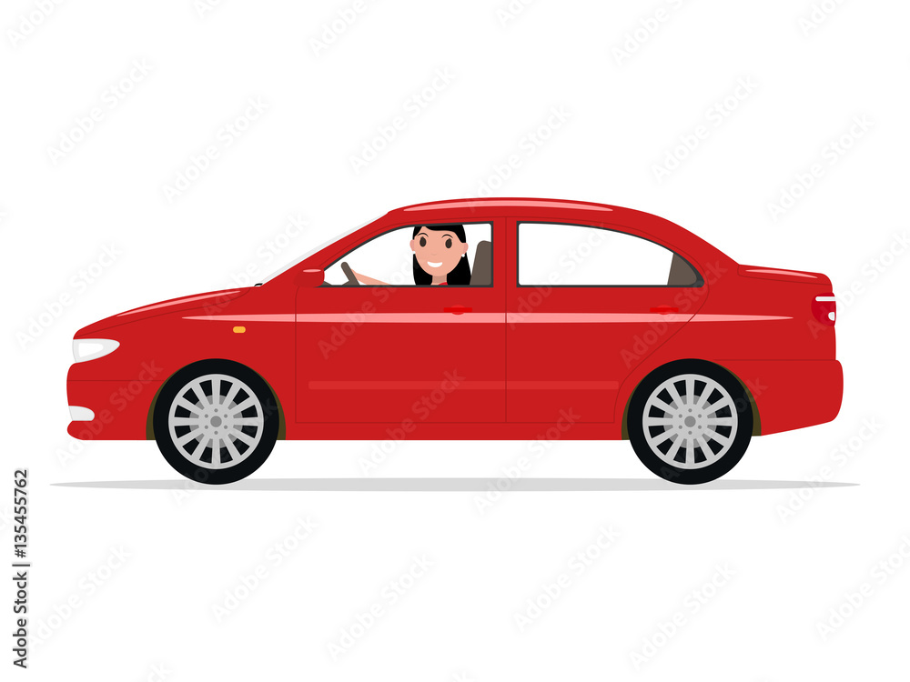 Vector cartoon girl sitting in a car behind wheel