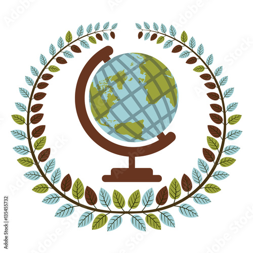 crown of leaves with earth world map . Vector illustration