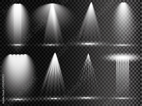 Vector light sources, concert lighting, stage spotlights set. Concert spotlight with beam, illuminated spotlights for web design illustration 
