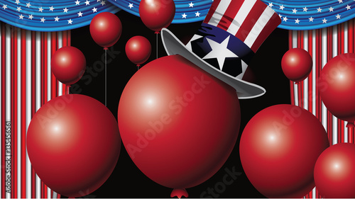 Patriotic President Day Sale background template with balloons and American flag curtains. Marketing frame with copy space for celebration of Presidents Day. In 16 9 ratio. EPS 10 vector.