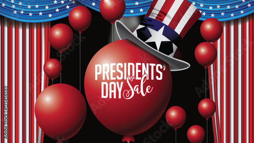 Patriotic President Day Sale background template with balloons and American flag curtains. Marketing frame with copy space for celebration of Presidents Day. In 16 9 ratio. EPS 10 vector.
