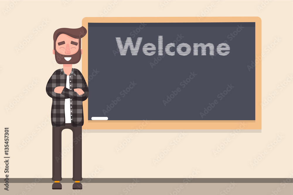 University professor standing in front of the board met with the students. Sleek style vector illustration on a light background.