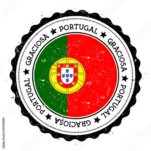 Graciosa flag badge. Vintage travel stamp with circular text, stars and island flag inside it. Vector illustration.