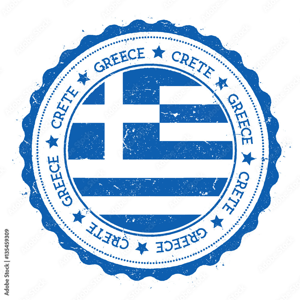 Obraz premium Crete flag badge. Vintage travel stamp with circular text, stars and island flag inside it. Vector illustration.