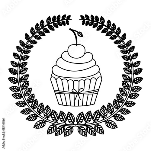 silhouette crown of leaves with cupcake with cream and cherry vector illustration