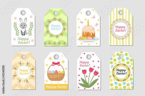 Cute Easter tags set. Labels collection with Easter rabbit, eggs and flowers. Spring templates for your design. Vector illustration