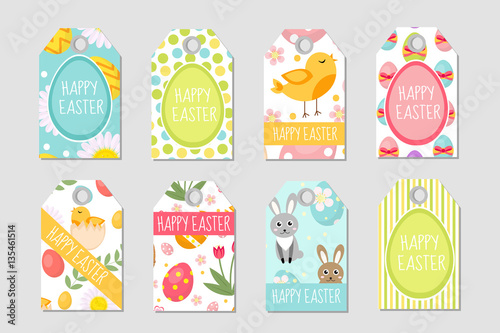 Cute Easter tags set. Labels collection with Easter rabbit, eggs and flowers. Spring templates for your design. Vector illustration