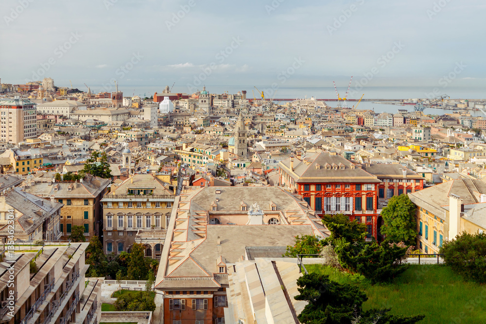 Obraz premium Aerial view of Genoa from the top the hill.