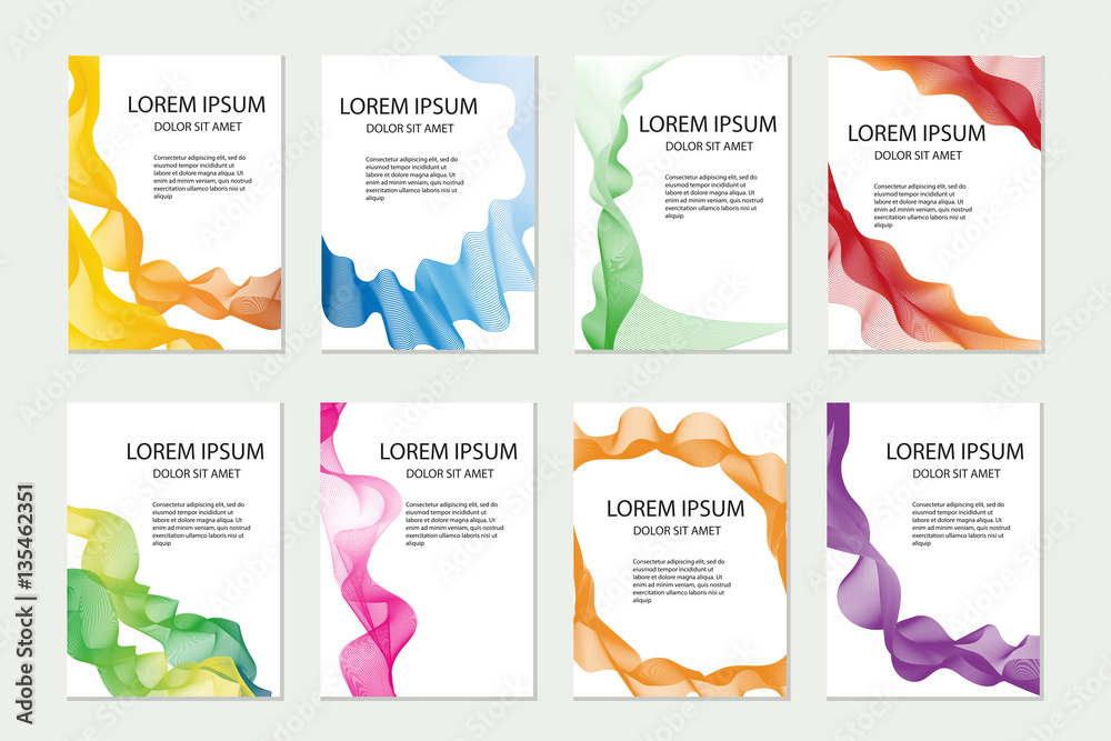 Abstract template set for brochures, corporate identity, flyer, poster. Company style collection with colored waves. Vector illustration