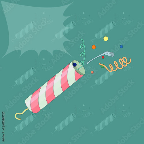 Vector drawing of card colorful party popper petard with confetti
