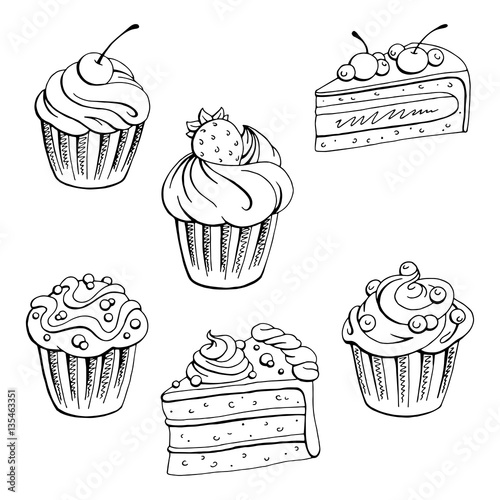 Muffin dessert graphic black white isolated set sketch illustration vector