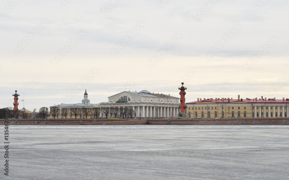 Naklejka premium View of Frozen Neva River and Spit Vasilyevsky Island.
