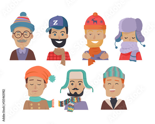 Icons Set of Smiling Men in Hats and Scarves