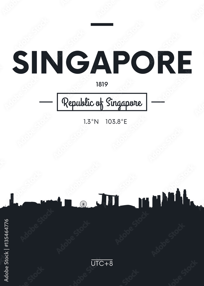 Naklejka premium Plakat panoramę miasta Singapur, ilustracja wektorowa płaski
