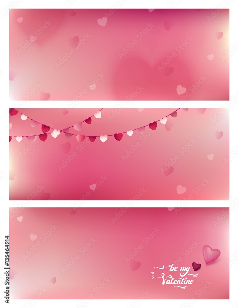 Set of three banners with blurred background and bokeh hearts. Happy valentine`s day cards. Handwritten Valentines Day calligraphy on blurred background.  Vector illustration