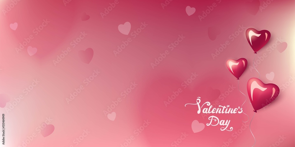 Happy valentine`s day blurred background and glossy heart-shaped balloons.  Handwritten Valentines Day calligraphy on blurred background.  Vector illustration