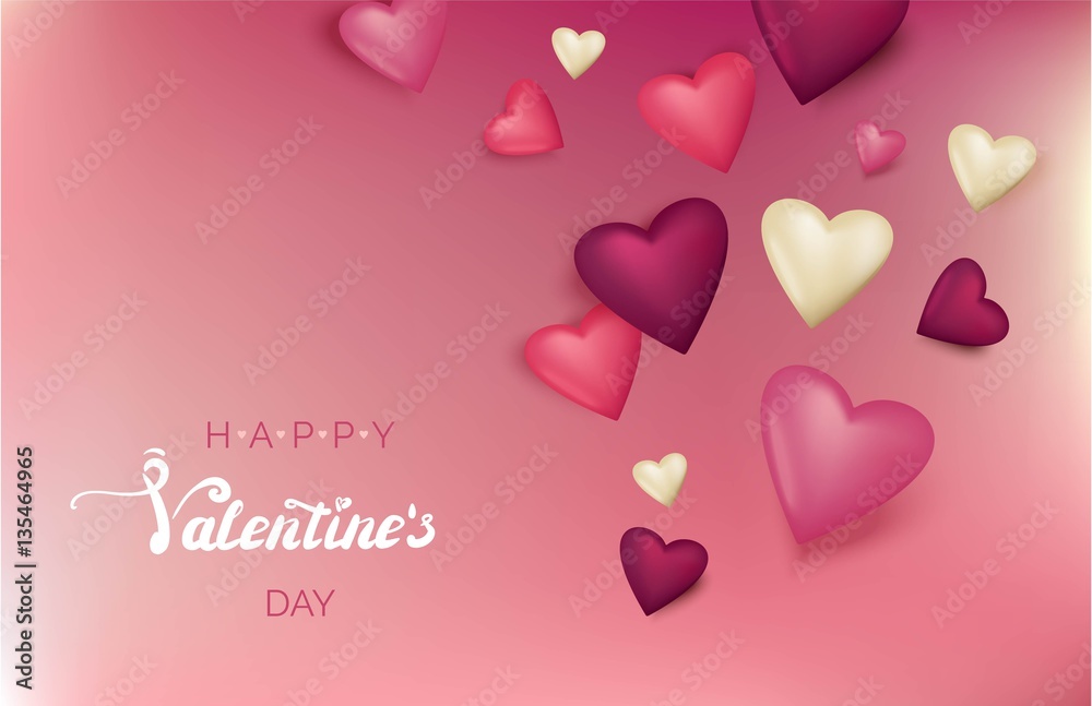 Happy valentine`s day blurred background and flying 3d hearts. Vector illustration