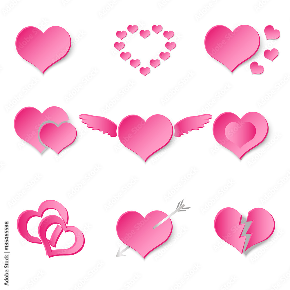 set of pink paper style valentine hearth love symbols eps10