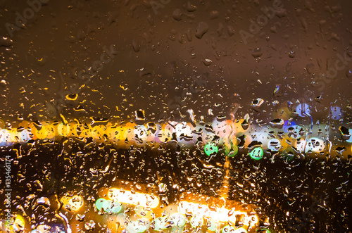 Raindrops on the glass and the lights of the city at night