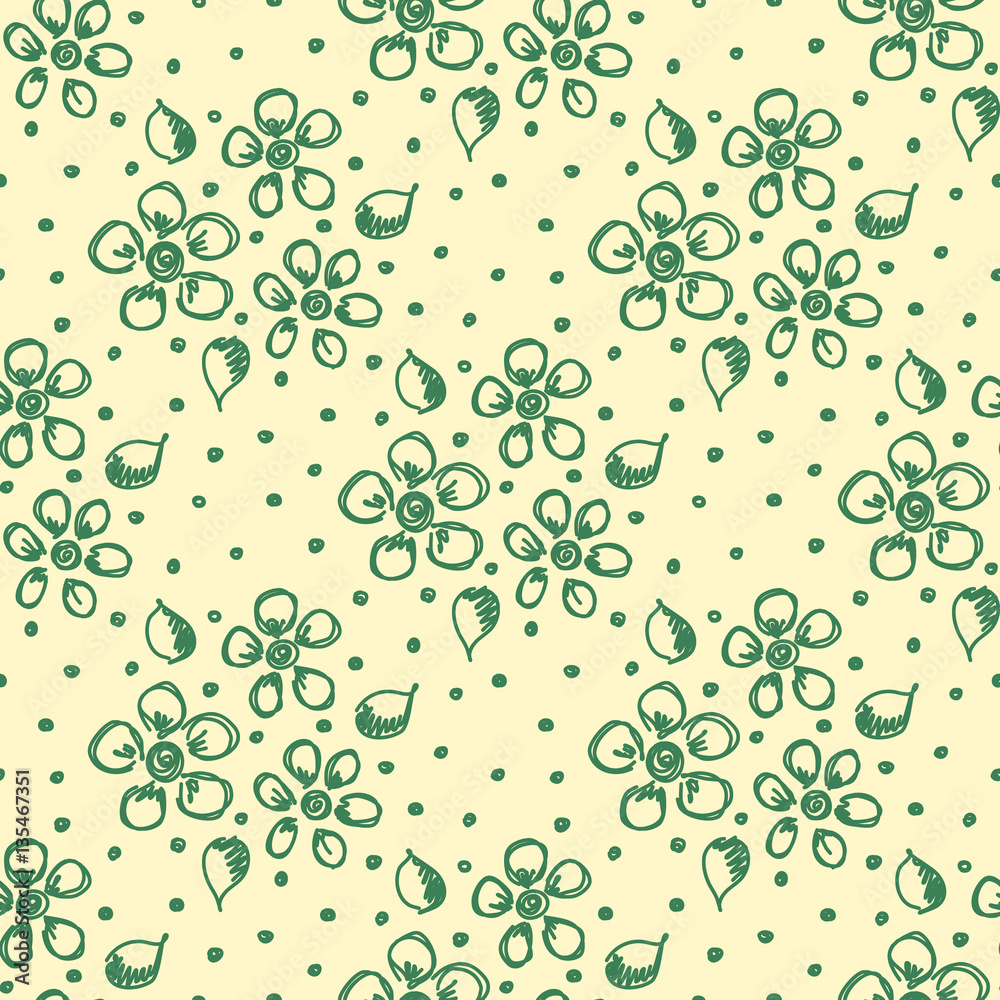 Seamless vector hand drawn seamless floral pattern. Yellow background with green flowers, leaves, dots. Decorative cute graphic drawn illustration. Template for background, wrapping, wallpaper.