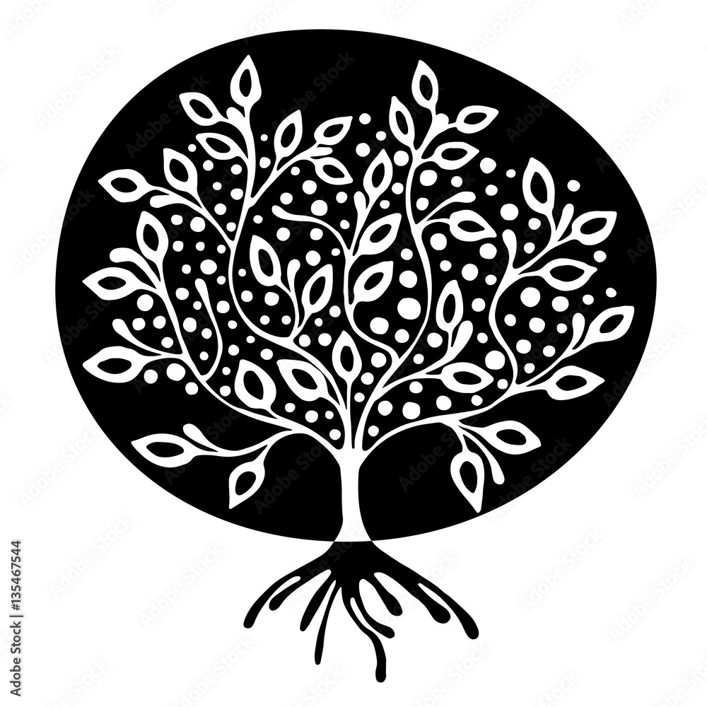 Vector hand drawn illustration, decorative ornamental stylized tree. Black and white graphic illustration isolated on the white background. Inc drawing silhouette. Decorative artistic ornamental wood Vector hand drawn illustration, decorative ornamental stylized tree. Black and white graphic illustration isolated on the white background. Inc drawing silhouette. Decorative artistic ornamental wood