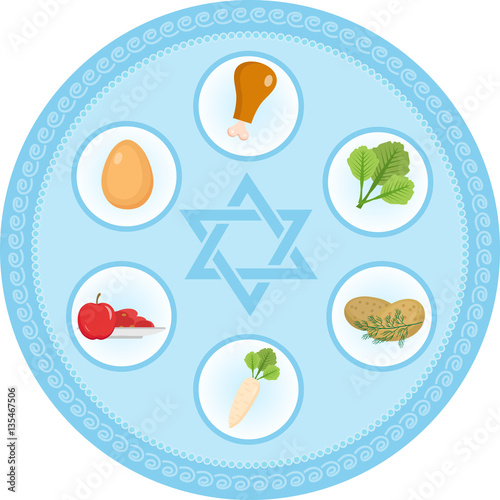 Seder plate of food, flat style. Jewish holiday of Passover. Isolated on white background. Vector illustration