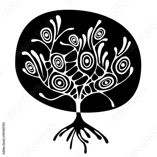 Vector hand drawn illustration, decorative ornamental stylized tree. Black and white graphic illustration isolated on the white background. Inc drawing silhouette. Decorative artistic ornamental wood